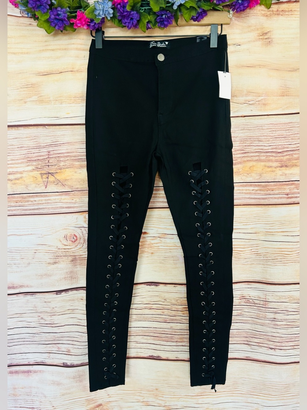 Roma Studio Women’s Black Skinny Lace Up Leg Pants Size L NWT